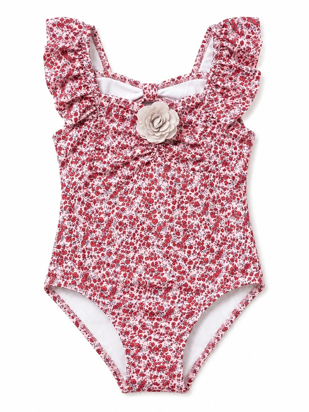 Janie and Jack Red Floral Ruffle One-Piece Swimsuit with Flower Accent